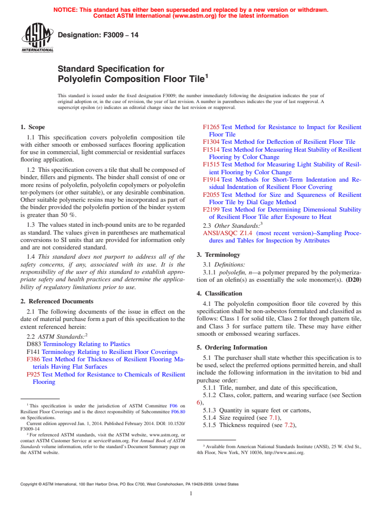 ASTM F3009-14 - Standard Specification for Polyolefin Composition Floor Tile