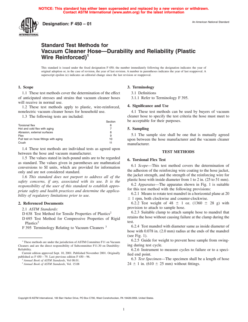 ASTM F450-01 - Standard Test Methods for Vacuum Cleaner Hose&#8212;Durability and Reliability (Plastic Wire Reinforced)