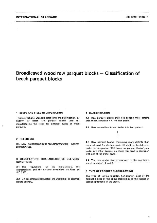 ISO 3399:1976 - Broadleaved wood raw parquet blocks -- Classification of beech parquet blocks