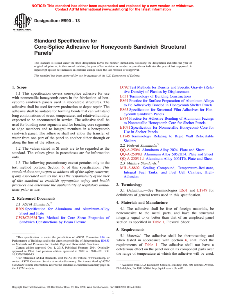 ASTM E990-13 - Standard Specification for  Core-Splice Adhesive for Honeycomb Sandwich Structural Panels