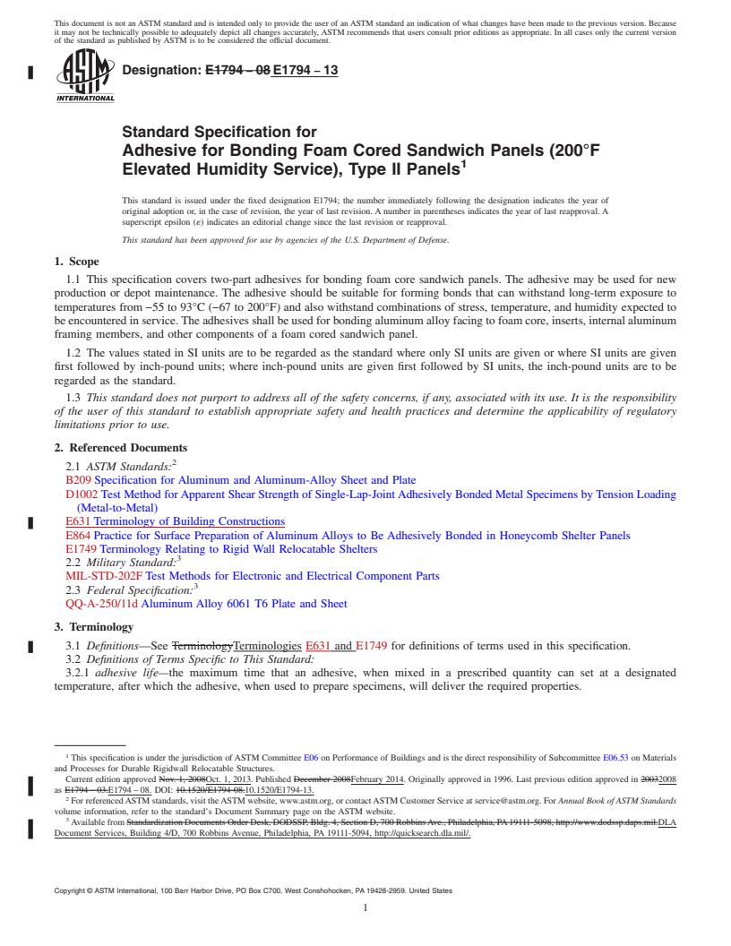 REDLINE ASTM E1794-13 - Standard Specification for  Adhesive for Bonding Foam Cored Sandwich Panels &#40;200&deg;F  Elevated Humidity Service&#41;, Type II Panels