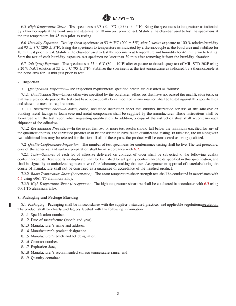 REDLINE ASTM E1794-13 - Standard Specification for  Adhesive for Bonding Foam Cored Sandwich Panels &#40;200&deg;F  Elevated Humidity Service&#41;, Type II Panels