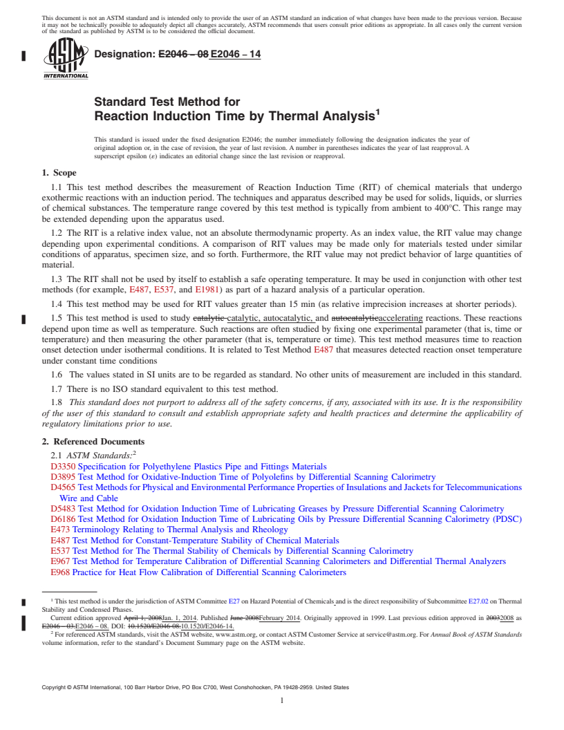 REDLINE ASTM E2046-14 - Standard Test Method for  Reaction Induction Time by Thermal Analysis