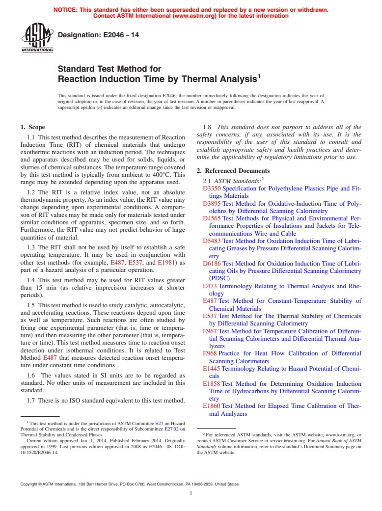 ASTM E2046-14 - Standard Test Method for  Reaction Induction Time by Thermal Analysis