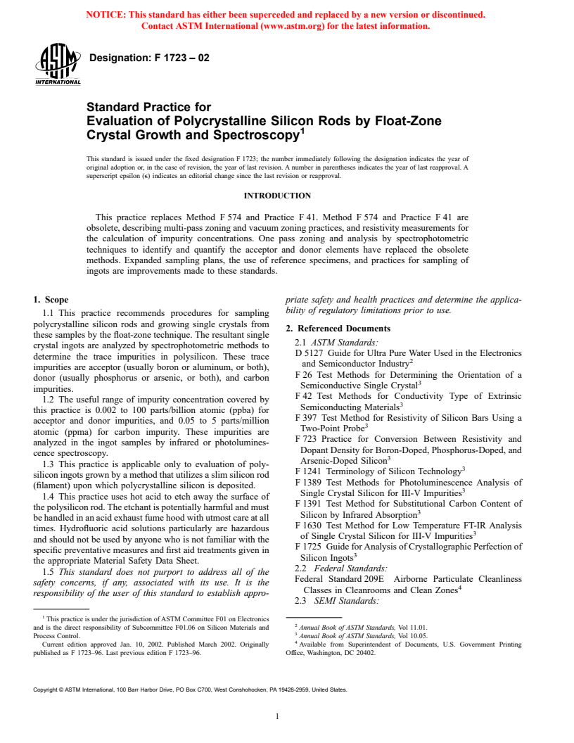 ASTM F1723-02 - Standard Practice for Evaluation of Polycrystalline Silicon Rods by Float-Zone Crystal Growth and Spectroscopy (Withdrawn 2003)