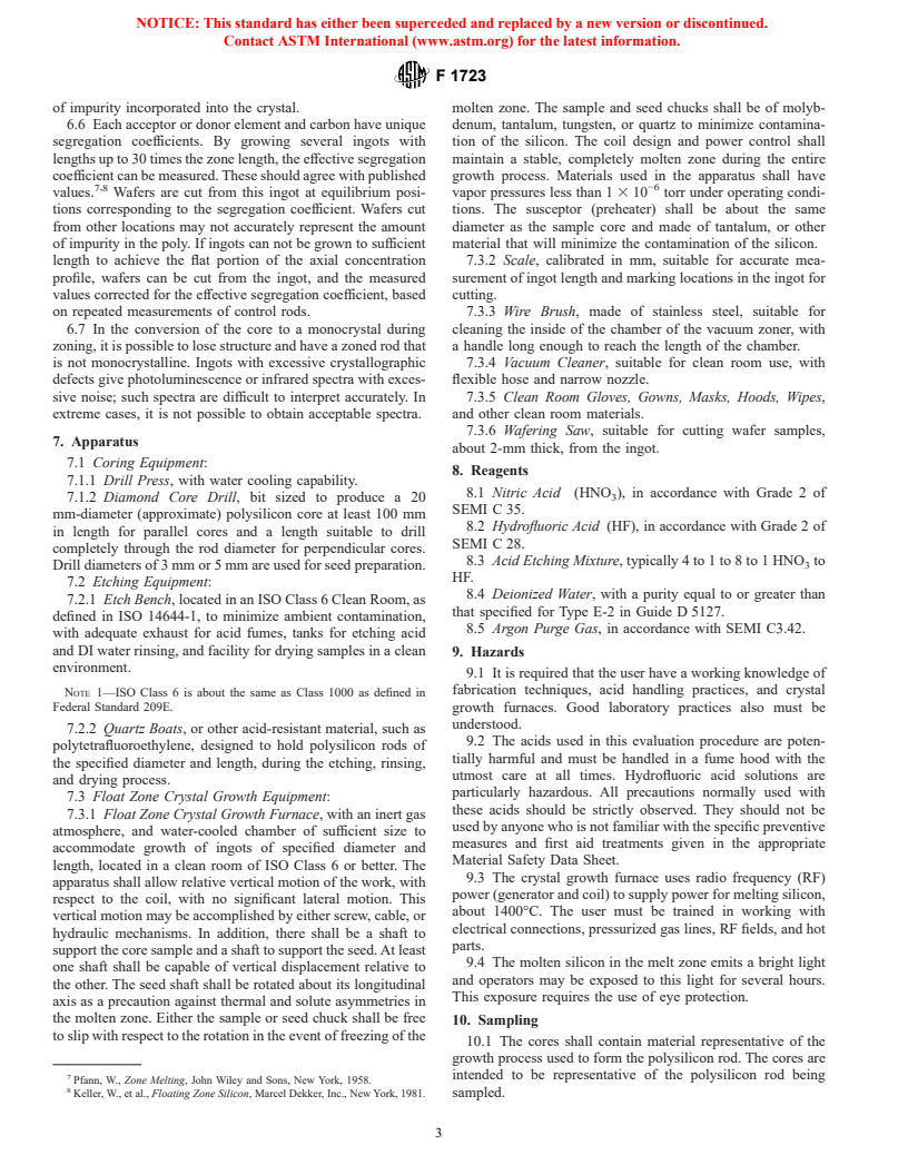 ASTM F1723-02 - Standard Practice for Evaluation of Polycrystalline Silicon Rods by Float-Zone Crystal Growth and Spectroscopy (Withdrawn 2003)