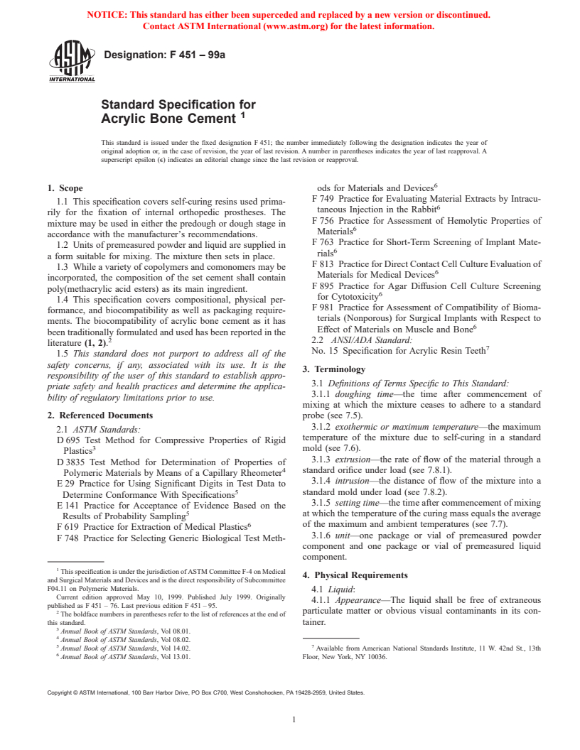 ASTM F451-99a - Standard Specification for Acrylic Bone Cement