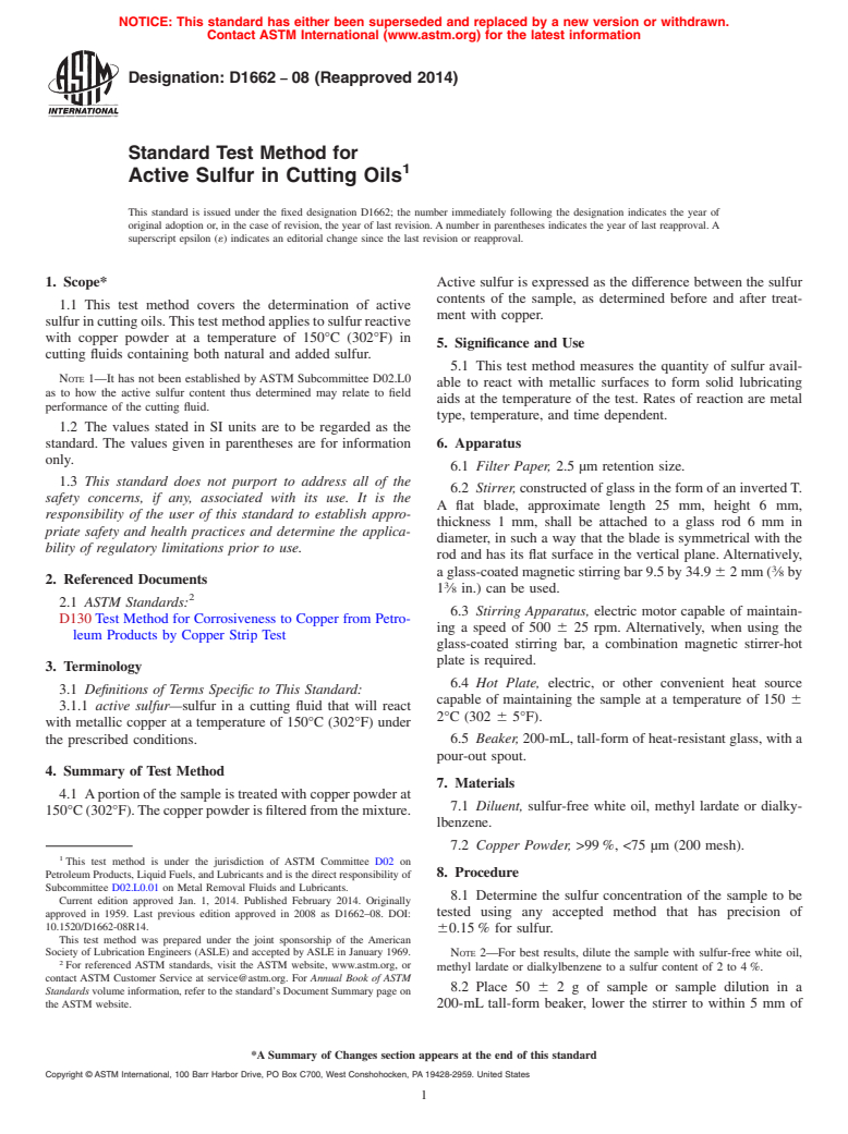 ASTM D1662-08(2014) - Standard Test Method for  Active Sulfur in Cutting Oils