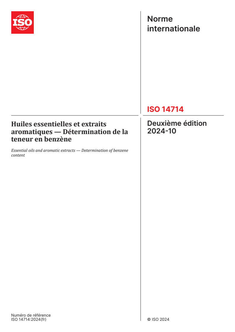 ISO 14714:2024 - Huiles essentielles et extraits aromatiques — Détermination de la teneur en benzène
Released:4. 10. 2024