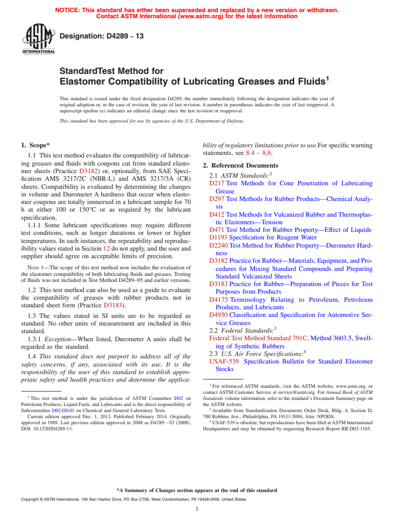 ASTM D4289-13 - Standard Test Method for  Elastomer Compatibility of Lubricating Greases and Fluids