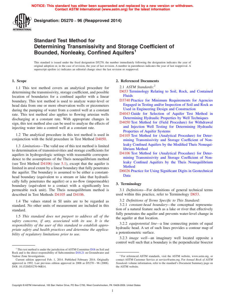 ASTM D5270-96(2014) - Standard Test Method for  Determining Transmissivity and Storage Coefficient of Bounded,   Nonleaky, Confined Aquifers