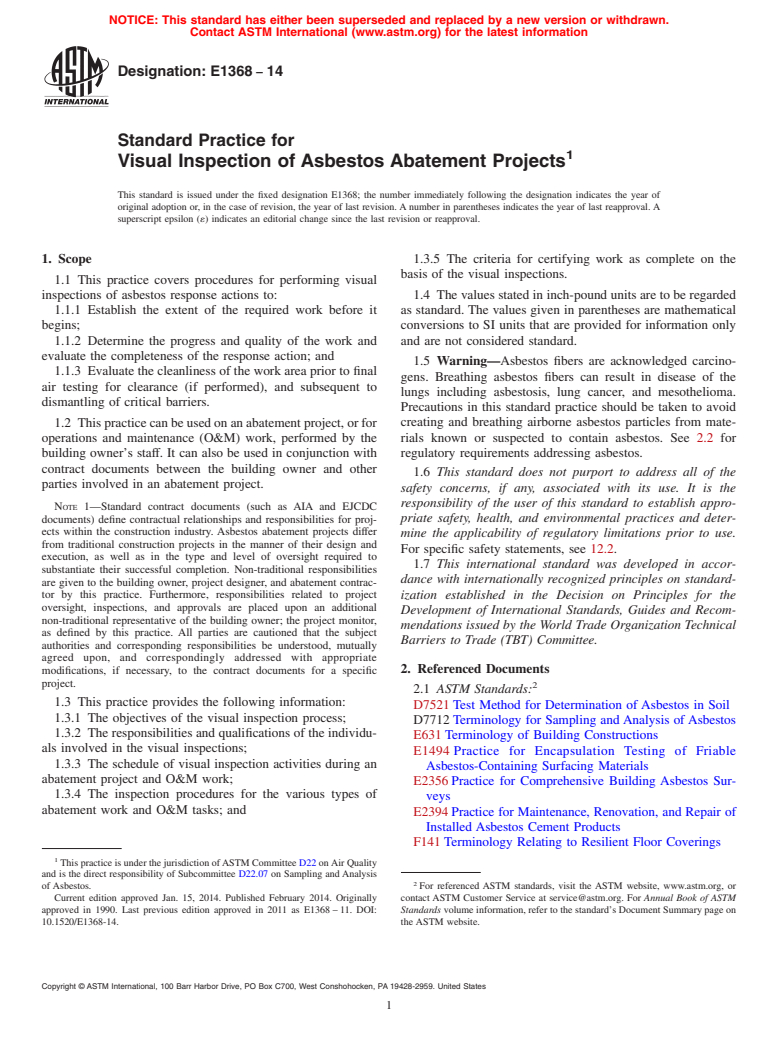 ASTM E1368-14 - Standard Practice for  Visual Inspection of Asbestos Abatement Projects