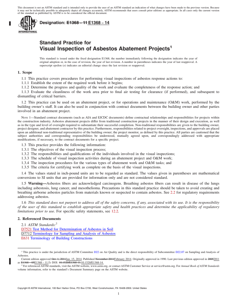 REDLINE ASTM E1368-14 - Standard Practice for  Visual Inspection of Asbestos Abatement Projects