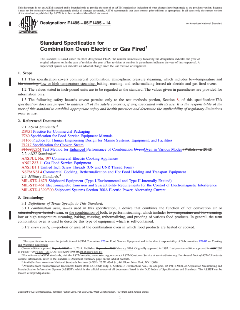 REDLINE ASTM F1495-14 - Standard Specification for  Combination Oven Electric or Gas Fired