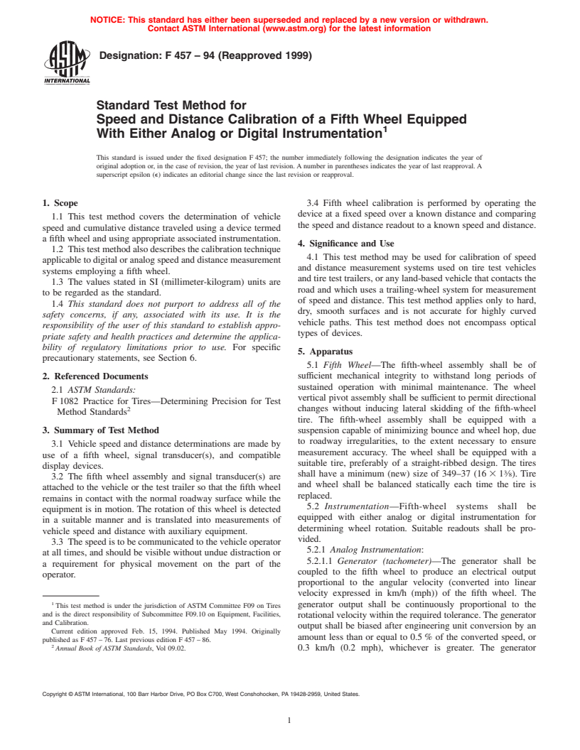 ASTM F457-94(1999) - Standard Test Method for Speed and Distance Calibration of a Fifth Wheel Equipped With Either Analog or Digital Instrumentation