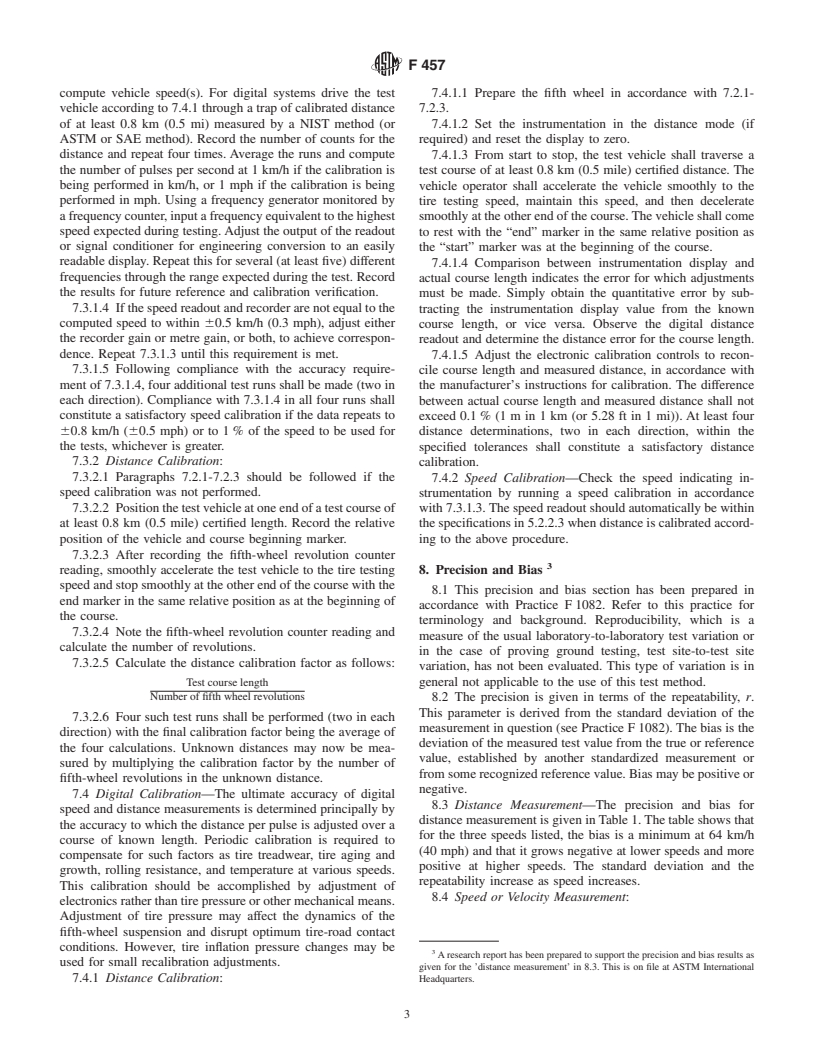 ASTM F457-94(1999) - Standard Test Method for Speed and Distance Calibration of a Fifth Wheel Equipped With Either Analog or Digital Instrumentation