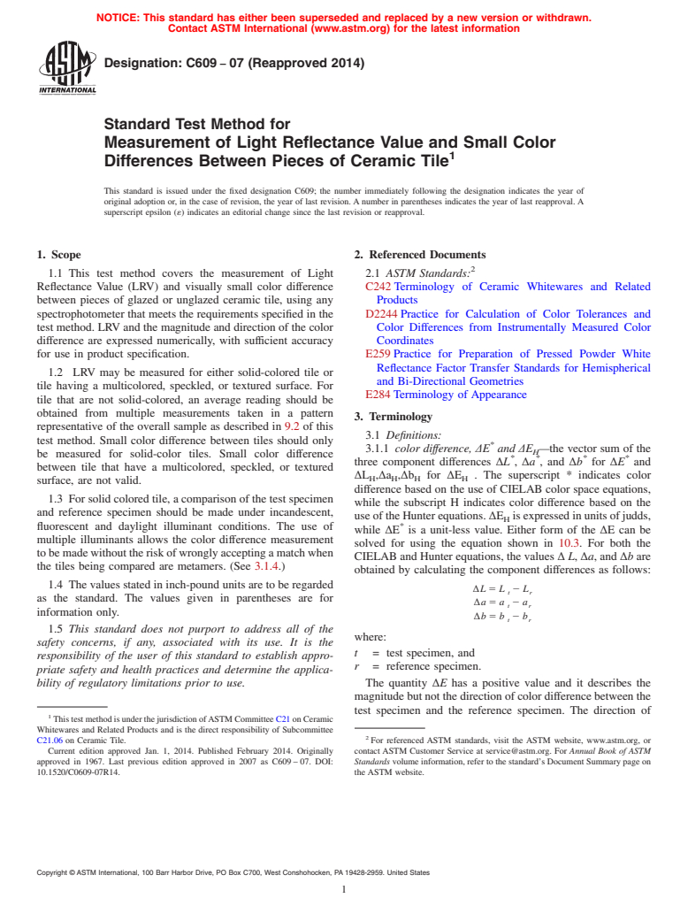 ASTM C609-07(2014) - Standard Test Method for  Measurement of Light Reflectance Value and Small Color Differences  Between Pieces of Ceramic Tile