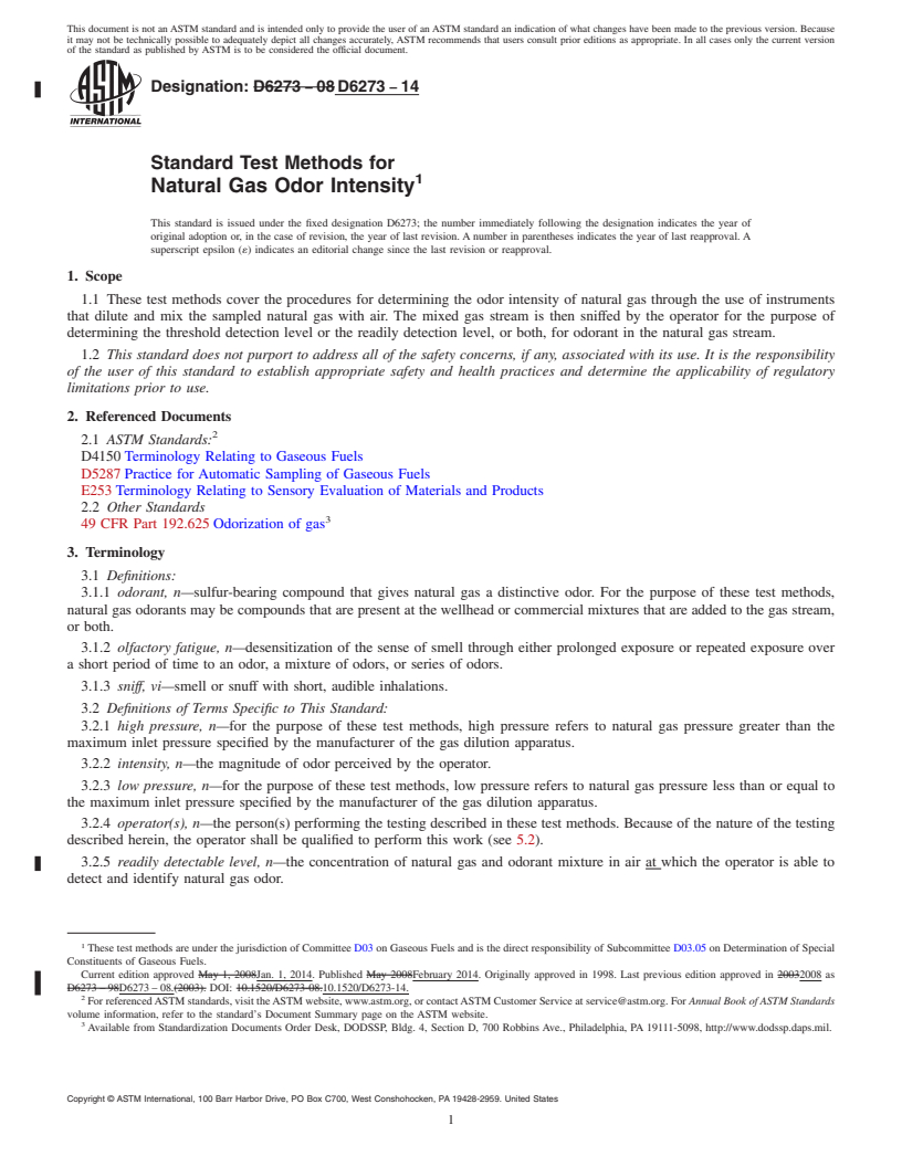 REDLINE ASTM D6273-14 - Standard Test Methods for  Natural Gas Odor Intensity