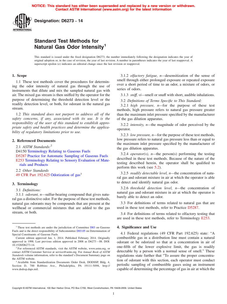 ASTM D6273-14 - Standard Test Methods for  Natural Gas Odor Intensity