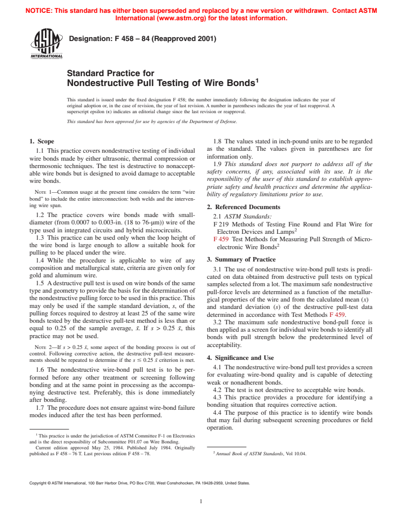 ASTM F458-84(2001) - Standard Practice for Nondestructive Pull Testing of Wire Bonds