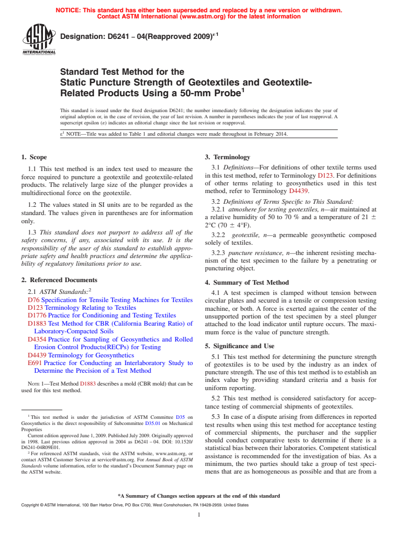 ASTM D6241-04(2009)e1 - Standard Test Method for the  Static Puncture Strength of Geotextiles and Geotextile-Related  Products Using a 50-mm Probe