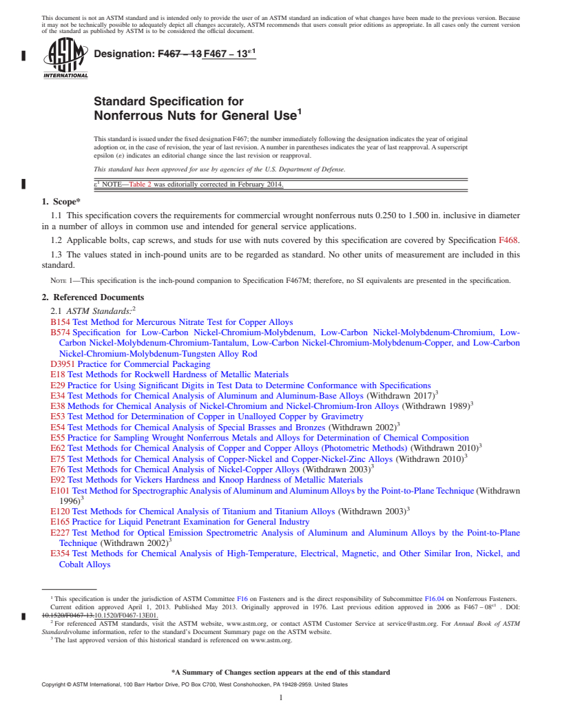 REDLINE ASTM F467-13e1 - Standard Specification for  Nonferrous Nuts for General Use