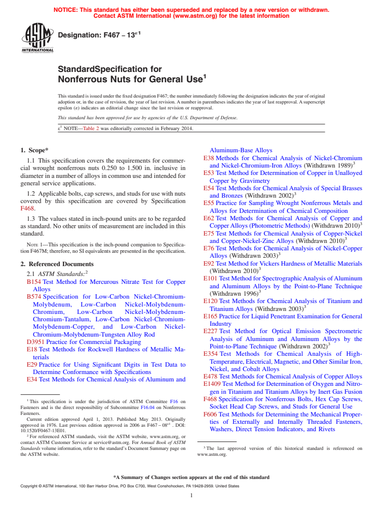 ASTM F467-13e1 - Standard Specification for  Nonferrous Nuts for General Use