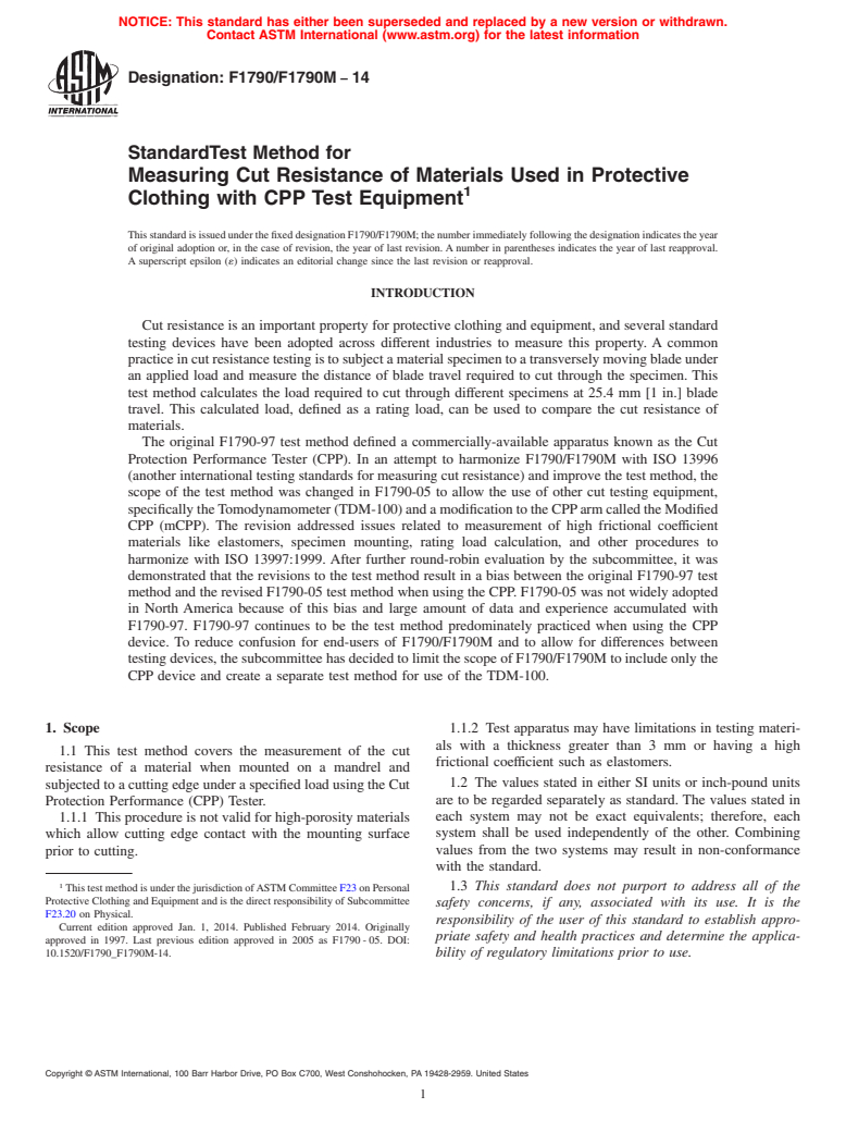 ASTM F1790/F1790M-14 - Standard Test Method for Measuring Cut Resistance of Materials Used in Protective Clothing