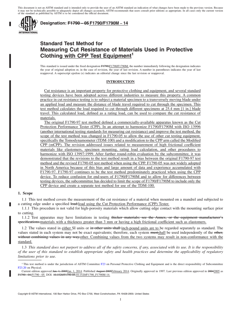 REDLINE ASTM F1790/F1790M-14 - Standard Test Method for Measuring Cut Resistance of Materials Used in Protective Clothing