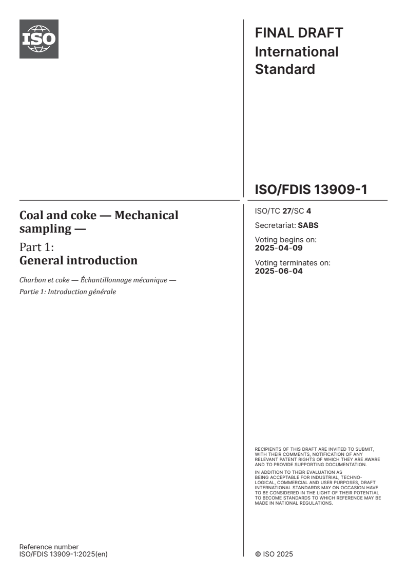 ISO/FDIS 13909-1 - Coal and coke — Mechanical sampling — Part 1: General introduction
Released:26. 03. 2025