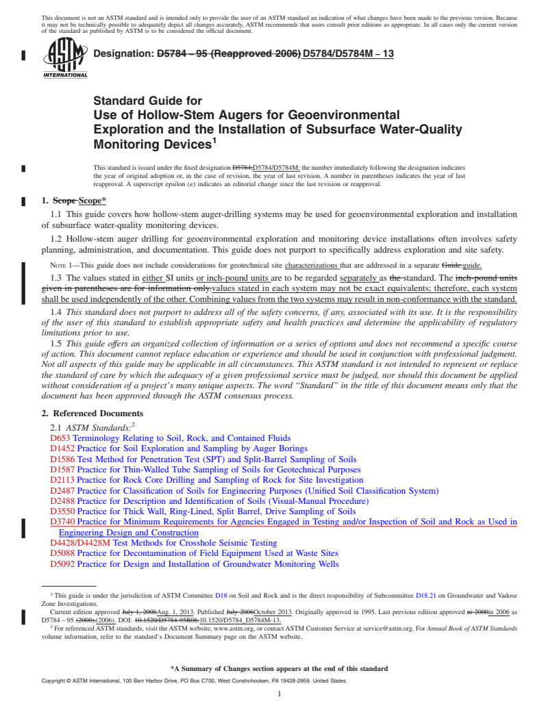 REDLINE ASTM D5784/D5784M-13 - Standard Guide for  Use of Hollow-Stem Augers for Geoenvironmental Exploration and the Installation of Subsurface Water-Quality Monitoring Devices