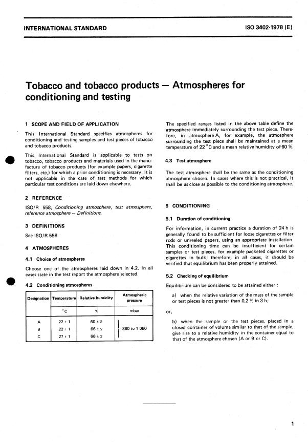 ISO 3402:1978 - Tobacco and tobacco products -- Atmospheres for conditioning and testing