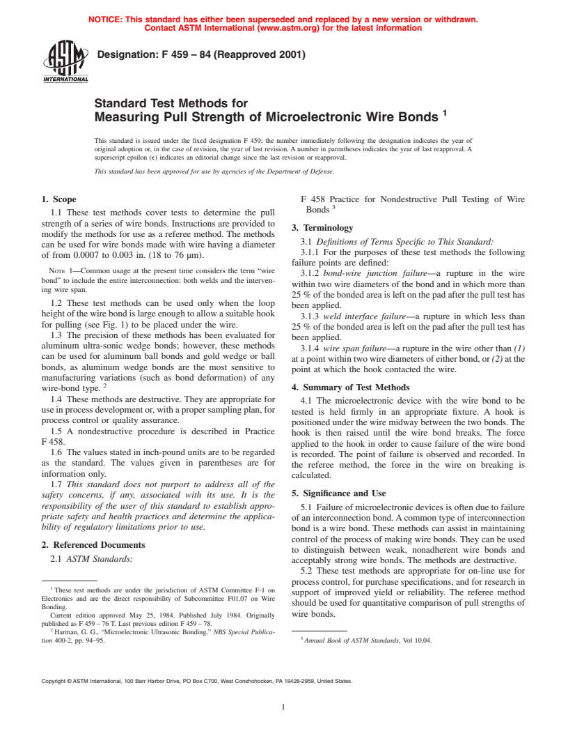 ASTM F459-84(2001) - Standard Test Methods for Measuring Pull Strength of Microelectronic Wire Bonds