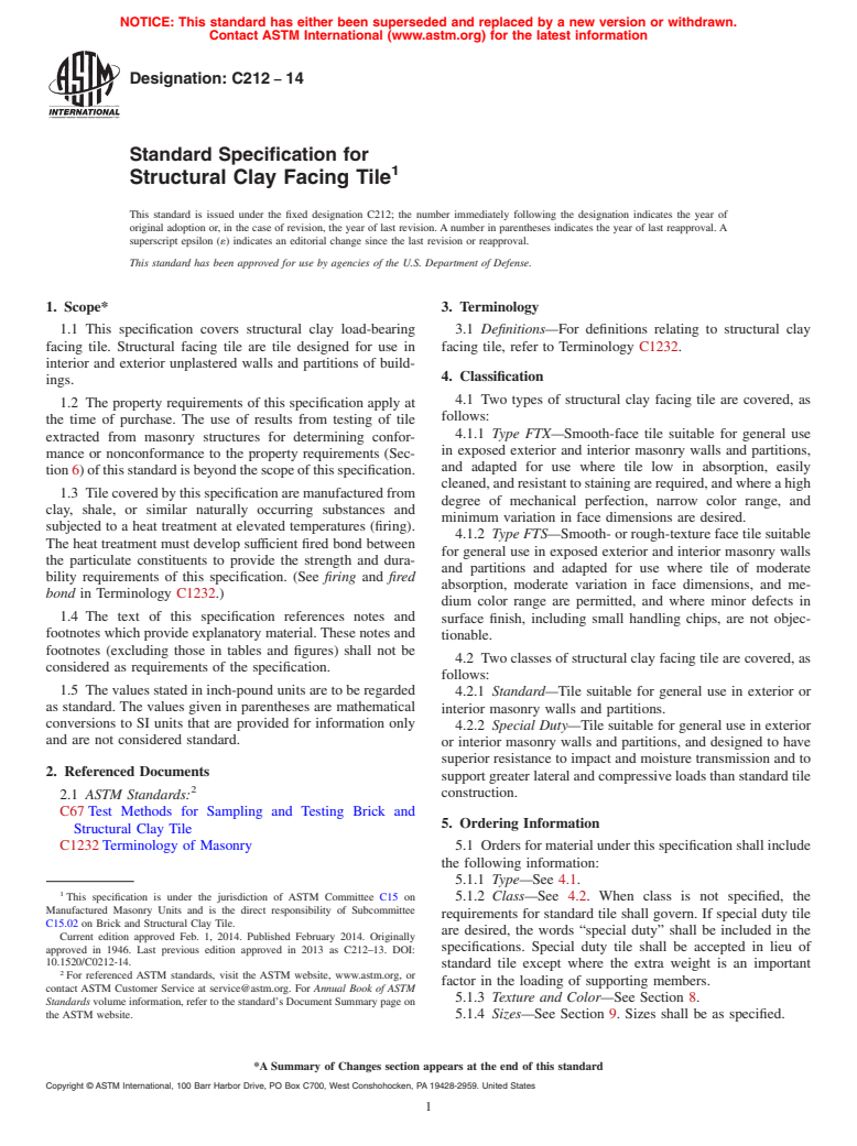 ASTM C212-14 - Standard Specification for  Structural Clay Facing Tile