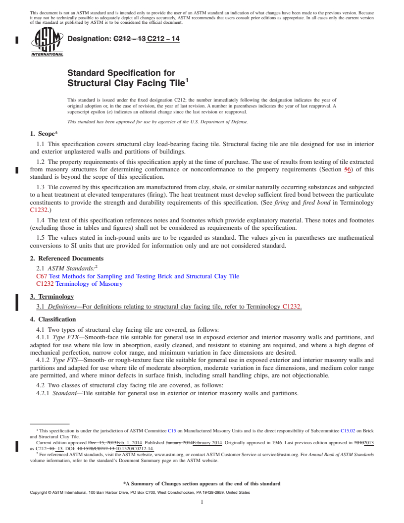 REDLINE ASTM C212-14 - Standard Specification for  Structural Clay Facing Tile