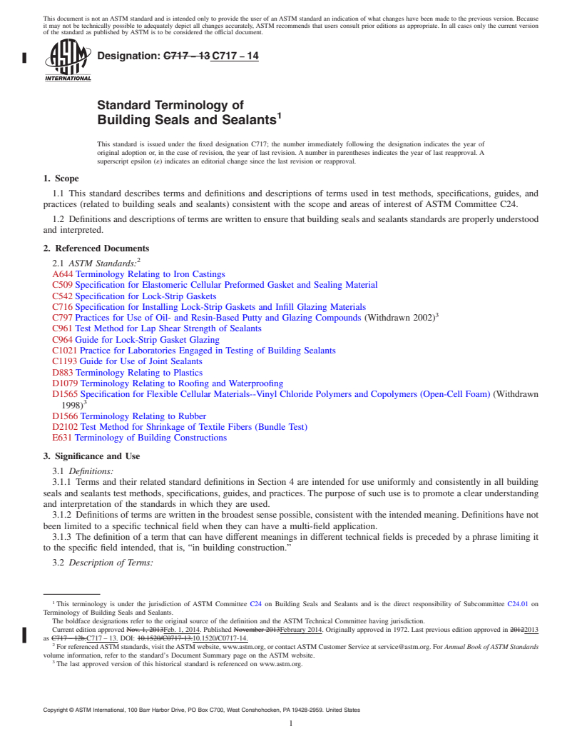 REDLINE ASTM C717-14 - Standard Terminology of  Building Seals and Sealants