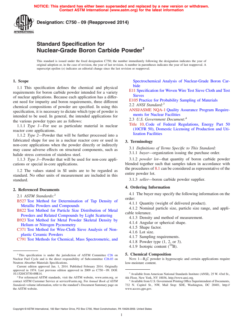 ASTM C750-09(2014) - Standard Specification for  Nuclear-Grade Boron Carbide Powder