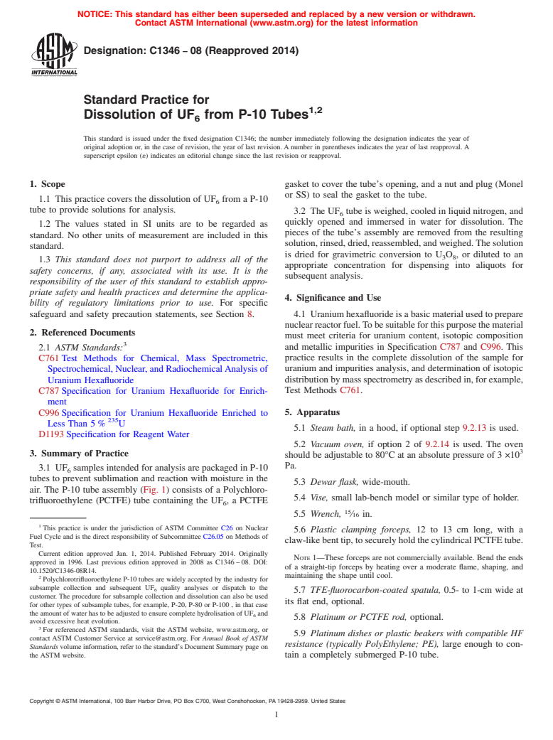 ASTM C1346-08(2014) - Standard Practice for  Dissolution of UF<inf>6</inf> from P-10 Tubes