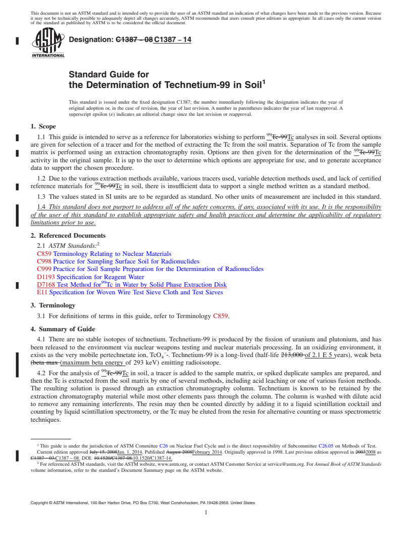 REDLINE ASTM C1387-14 - Standard Guide for  the Determination of Technetium-99 in Soil