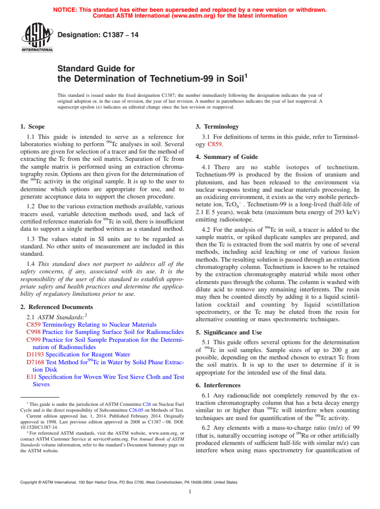 ASTM C1387-14 - Standard Guide for  the Determination of Technetium-99 in Soil