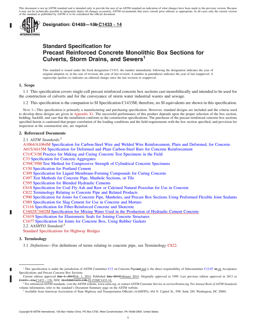 REDLINE ASTM C1433-14 - Standard Specification for  Precast Reinforced Concrete Monolithic Box Sections for Culverts,  Storm Drains, and Sewers