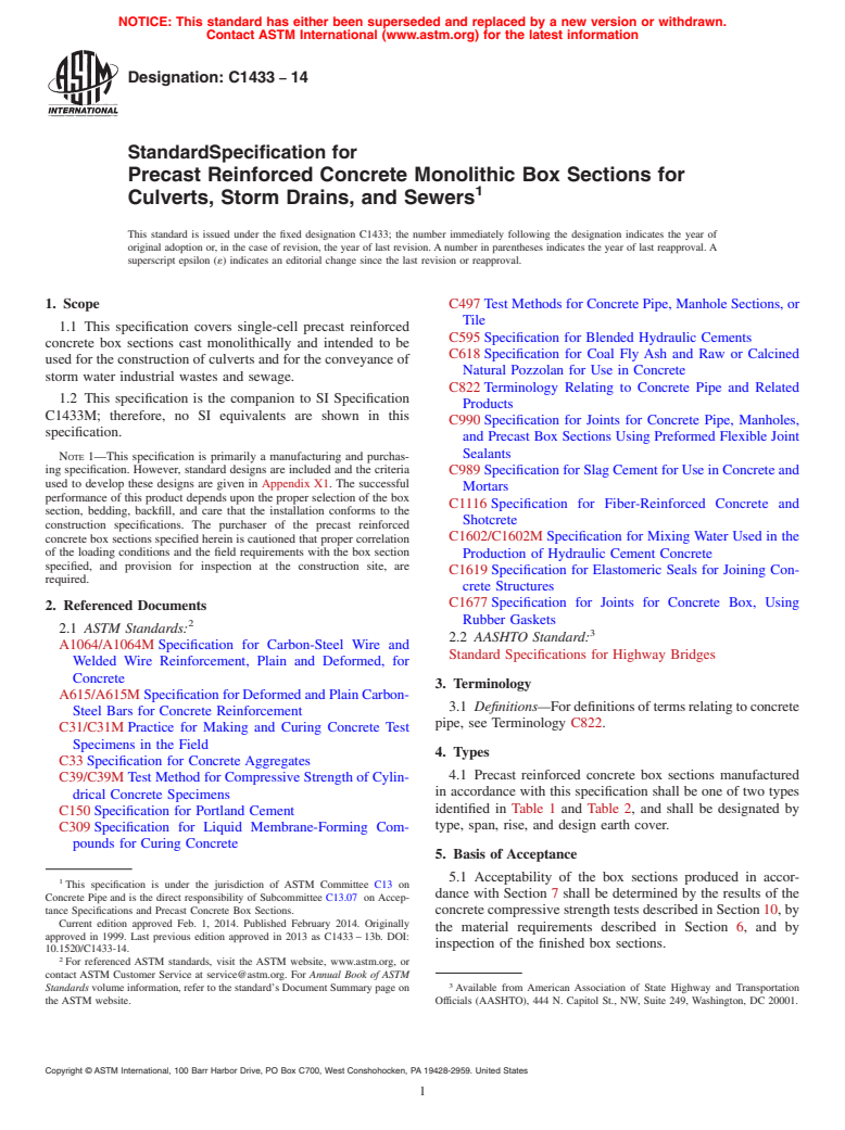 ASTM C1433-14 - Standard Specification for  Precast Reinforced Concrete Monolithic Box Sections for Culverts,  Storm Drains, and Sewers