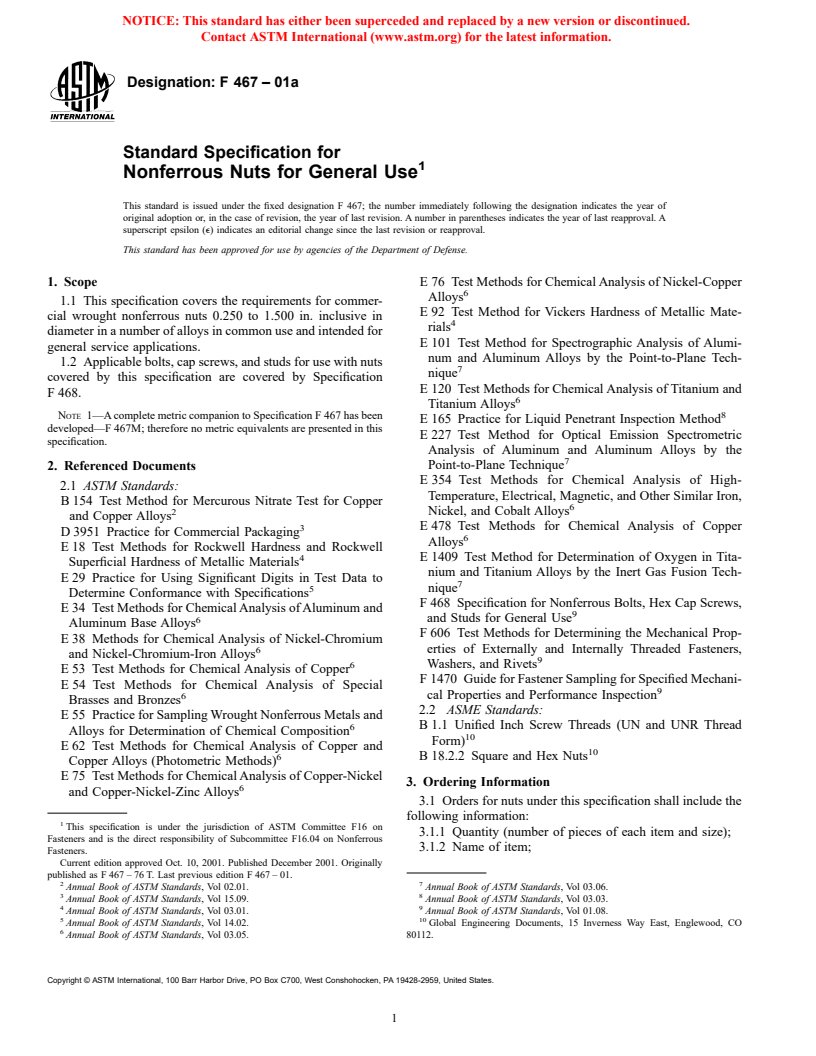 ASTM F467-01a - Standard Specification for Nonferrous Nuts for General Use