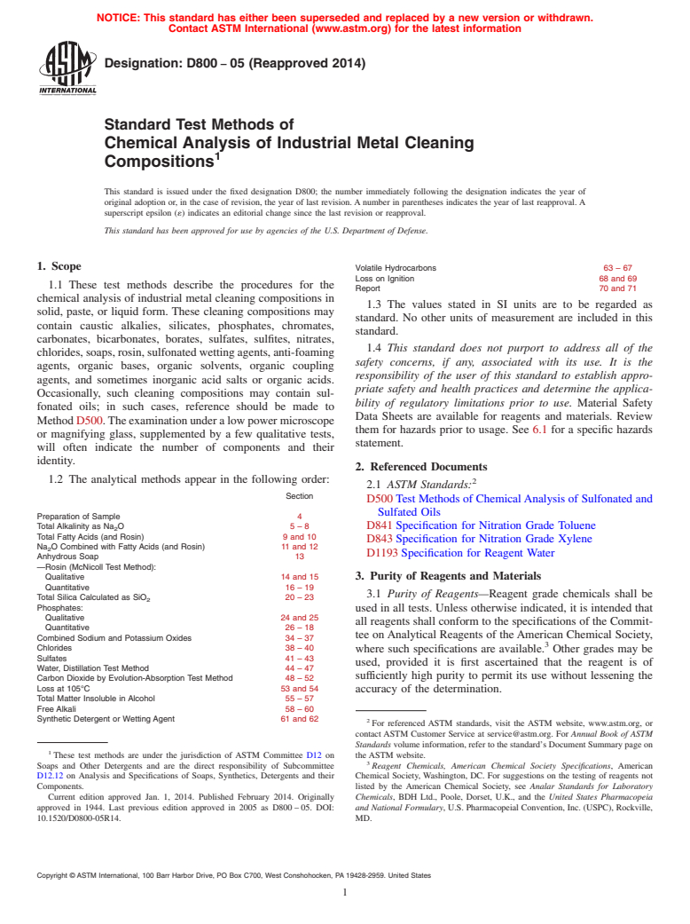 ASTM D800-05(2014) - Standard Test Methods of  Chemical Analysis of Industrial Metal Cleaning Compositions (Withdrawn 2023)