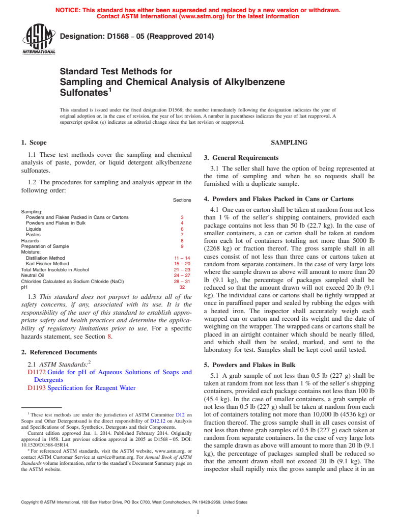 ASTM D1568-05(2014) - Standard Test Methods for  Sampling and Chemical Analysis of Alkylbenzene Sulfonates (Withdrawn 2023)