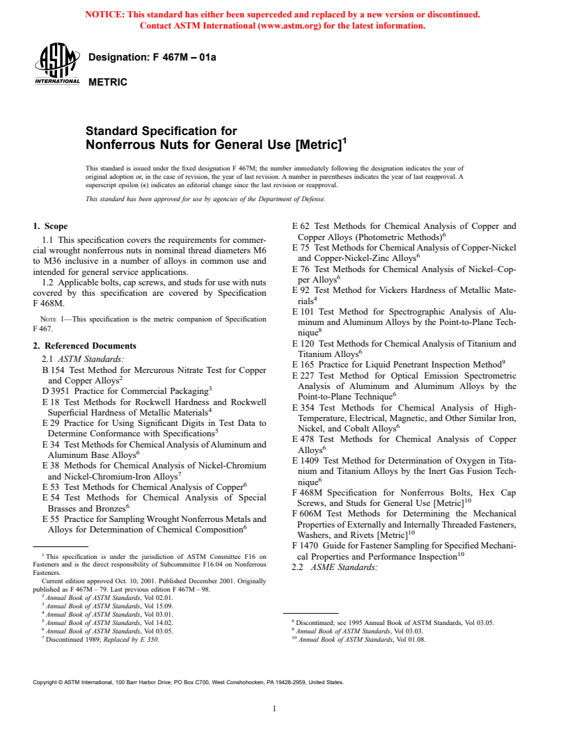 ASTM F467M-01a - Standard Specification for Nonferrous Nuts for General Use [Metric]