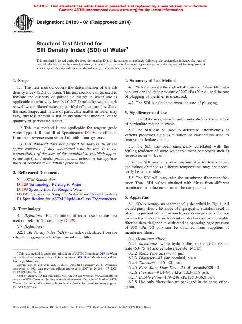 ASTM D4189-07(2014) - Standard Test Method for  Silt Density Index &#40;SDI&#41; of Water (Withdrawn 2023)