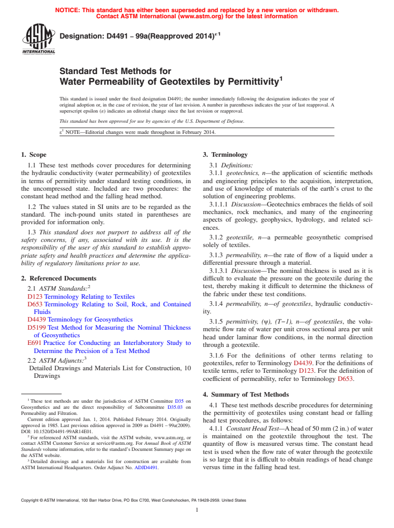 ASTM D4491-99a(2014)e1 - Standard Test Methods for  Water Permeability of Geotextiles by Permittivity