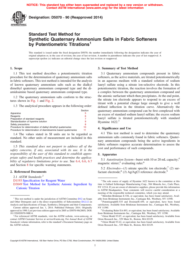 ASTM D5070-90(2014) - Standard Test Method for  Synthetic Quaternary Ammonium Salts in Fabric Softeners by  Potentiometric Titrations (Withdrawn 2023)