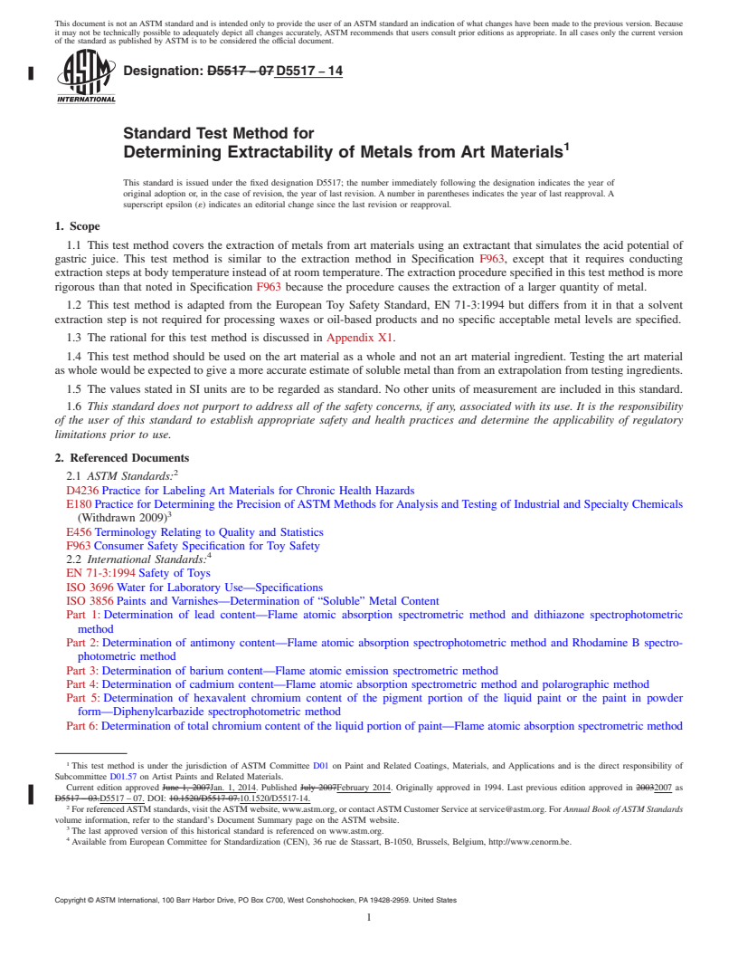 REDLINE ASTM D5517-14 - Standard Test Method for Determining Extractability of Metals from Art Materials